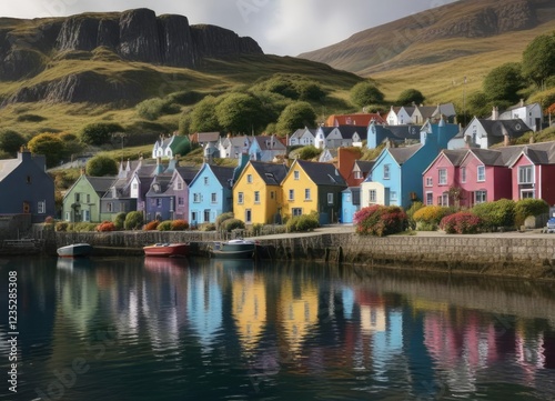 Colorful row of cottages in Portree overlooking the harbor , colorful houses, traditional, architecture
