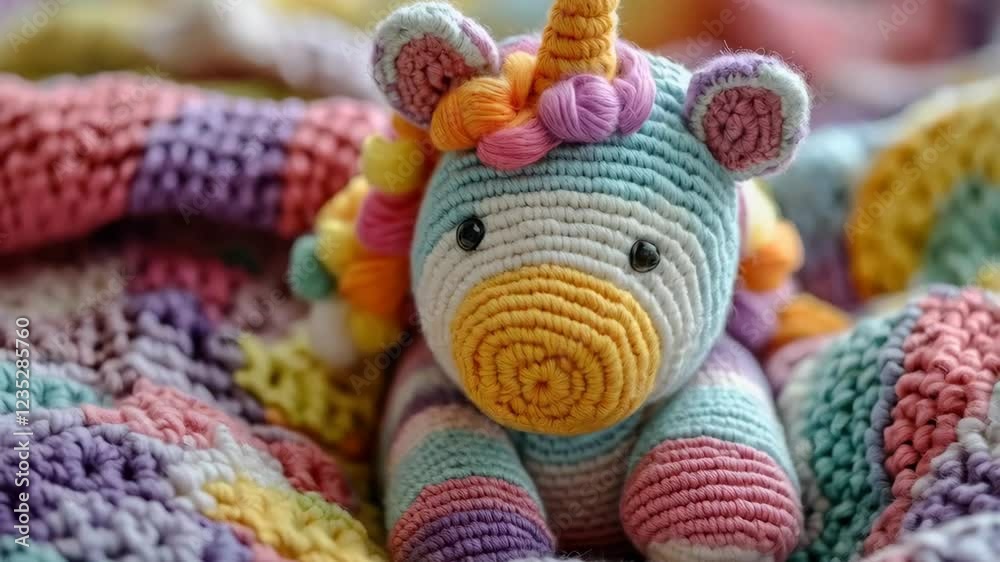 Colorful crochet unicorn rests on vibrant blanket in playful stilllife sequence