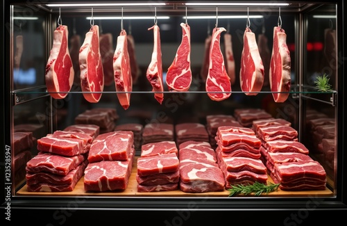 Butcher shop display shows raw meat cuts. Various beef pieces hang, stack on display. Different cuts of meat visible. Refrigerated showcase displays fresh produce, ingredients. Pro butcher shop in