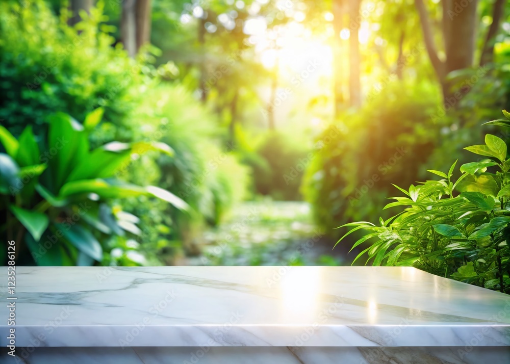Empty White Marble Tabletop, Blurred Garden Background - Stock Photo Empty White Marble Tabletop, Blurred Garden Background - Stock Photo