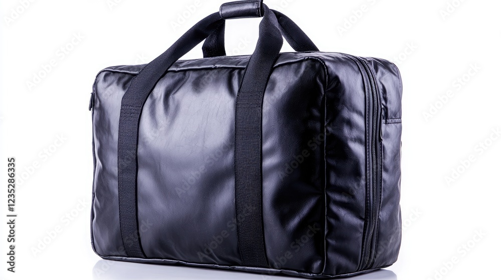 Fototapeta premium Black duffel bag on white background, travel luggage