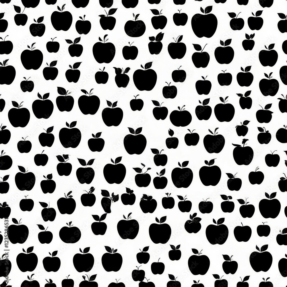 Fototapeta premium A repeating pattern of black apple silhouettes on a white background. The apples vary slightly in size, creating a playful, textured effect.