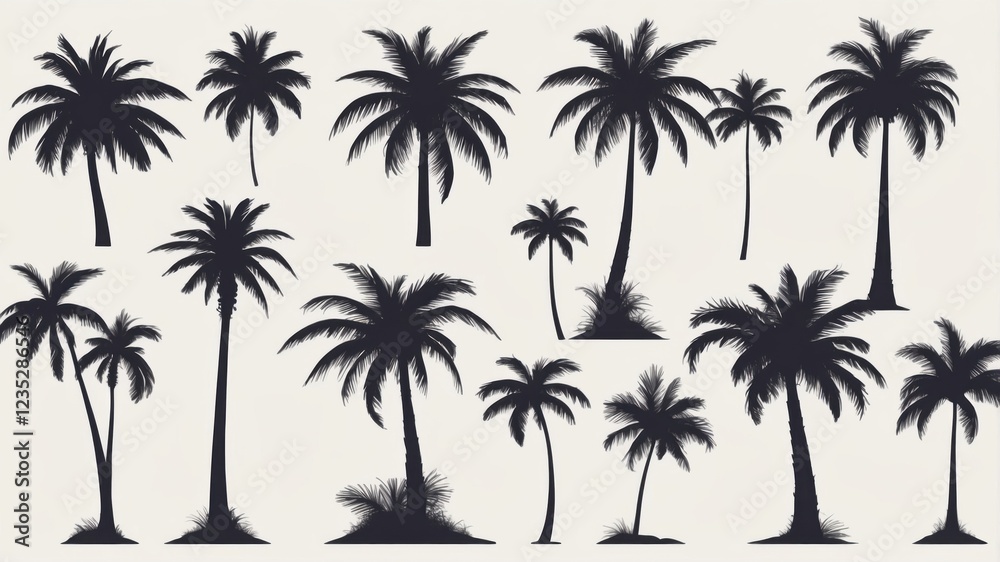 Fototapeta premium A collection of palm tree silhouettes, showcasing various sizes and styles. Perfect for tropical-themed designs.