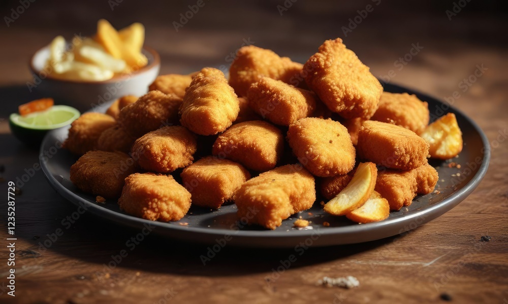 Crispy fried chicken nugget on a plate with sides , accompaniment, meat Crispy fried chicken nugget on a plate with sides , accompaniment, meat