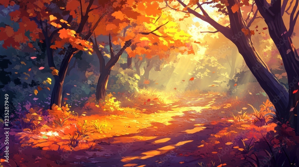 Autumnal Forest Path Sunlit Trees Leaves Autumnal Forest Path Sunlit Trees Leaves