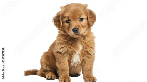 A fluffy golden retriever puppy sitting and looking forward, isolated on a white background photo