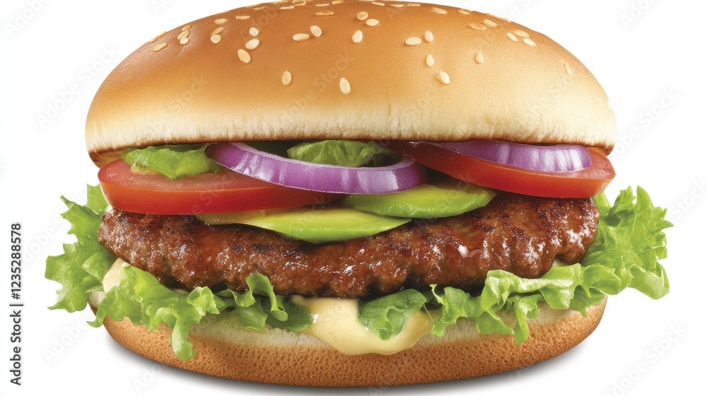 Delicious Juicy Burger with Avocado Tomato and Onion