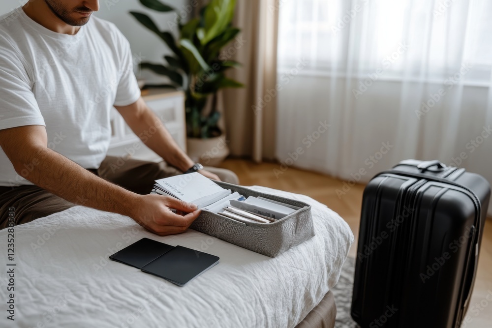 Fototapeta premium A man sits on a bed organizing his travel essentials, showcasing preparation and excitement for an upcoming trip with his neatly arranged items.