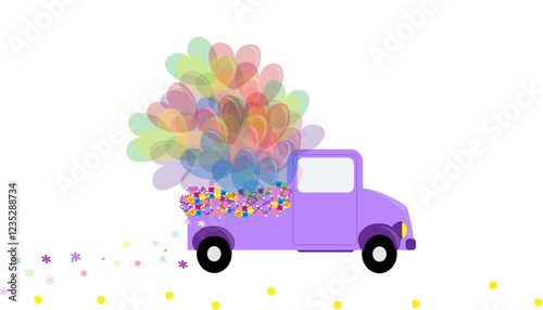 A lilac truck with flowers and colorful balloons in the shape of a heart. The festive concept of Valentine's Day, March 8th.