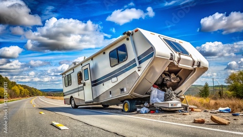 Fifth Wheel RV Overturned on Highway with Underside Damaged and Belongings Scattered
