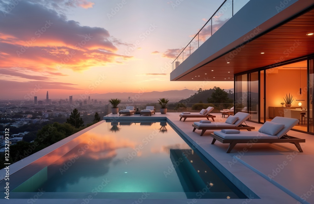 Fototapeta premium Luxury penthouse pool area in Los Angeles villa. Stunning panoramic city views. Mid-century modern architecture. Relaxing atmosphere. Stylish furniture around infinity pool. Sunset colors reflect in