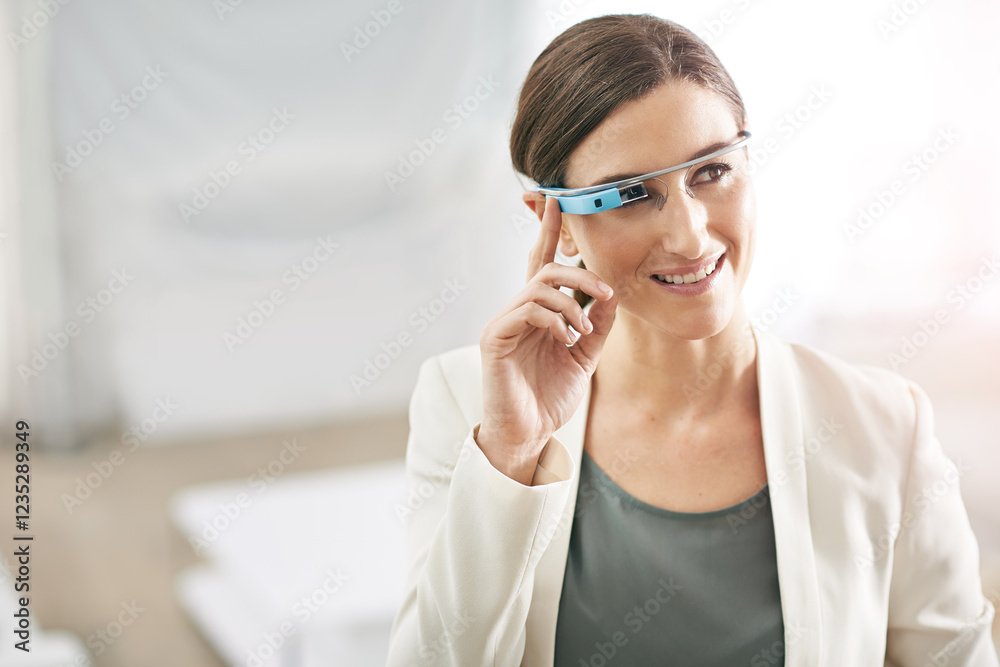 Woman, smart glasses and vr in office with smile for futuristic tech, vision or professional at real estate job. Person, architect and augmented reality for planning, happy and metaverse for property Woman, smart glasses and vr in office with smile for futuristic tech, vision or professional at real estate job. Person, architect and augmented reality for planning, happy and metaverse for property