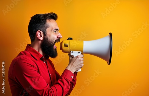 Man wearing red shirt shouting into yellow, white megaphone against orange background. Beard, looks loud. Communicating important message, making announcement, giving speech. Image shows concept of photo