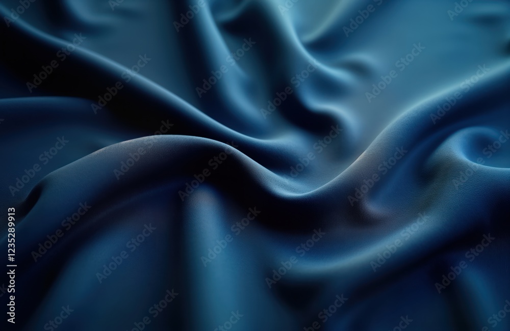 Fototapeta premium Closeup view of dark blue fabric. Deep navy blue material with soft folds, textures. Smooth fabric drapes elegantly. Looks like modern design element. Perfect for interior design projects background