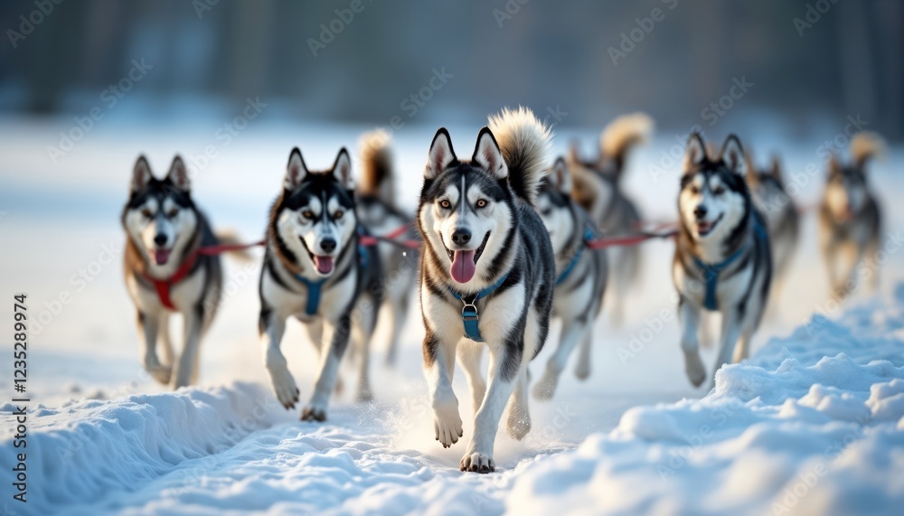 Group of huskies running in snow. Dogs show teamwork, determination in winter landscape. Look energetic, playful. Husky sledding competition. Winter adventure. Arctic animals. Outdoor sports. Group of huskies running in snow. Dogs show teamwork, determination in winter landscape. Look energetic, playful. Husky sledding competition. Winter adventure. Arctic animals. Outdoor sports.