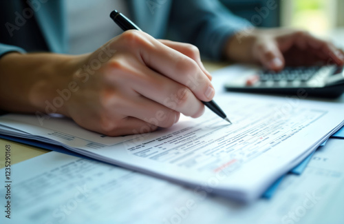 Person fills out tax forms. Person working on tax documents at office desk. Close-up view of hands filling financial forms. Pro working on tax return. Office setting with blurred business papers.