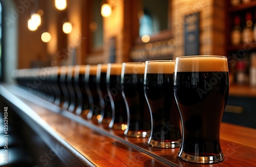 Dark stouts in glasses with creamy heads arranged in rows on wooden bar in Dublin museum. Show Ireland iconic Guinness brew. Photo captures cultural tradition, heritage. Perfect pints displayed,