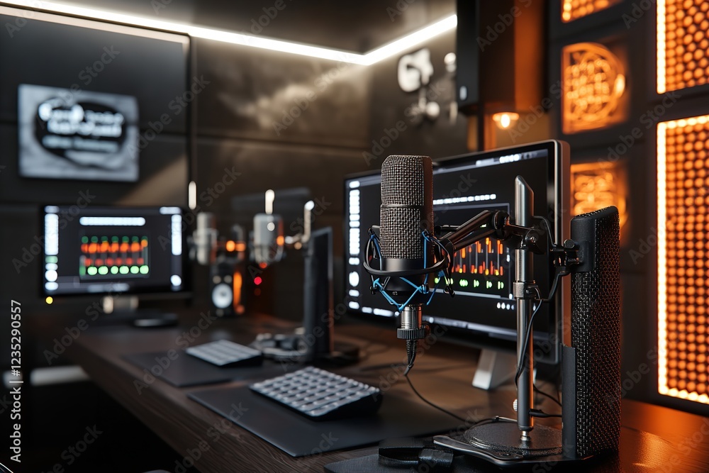 Modern Podcast Studio with High-Tech Microphones and Sleek Computer Screens Modern Podcast Studio with High-Tech Microphones and Sleek Computer Screens