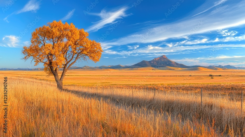 Golden autumn tree in vast plains, mountains backdrop; scenic landscape photography Golden autumn tree in vast plains, mountains backdrop; scenic landscape photography