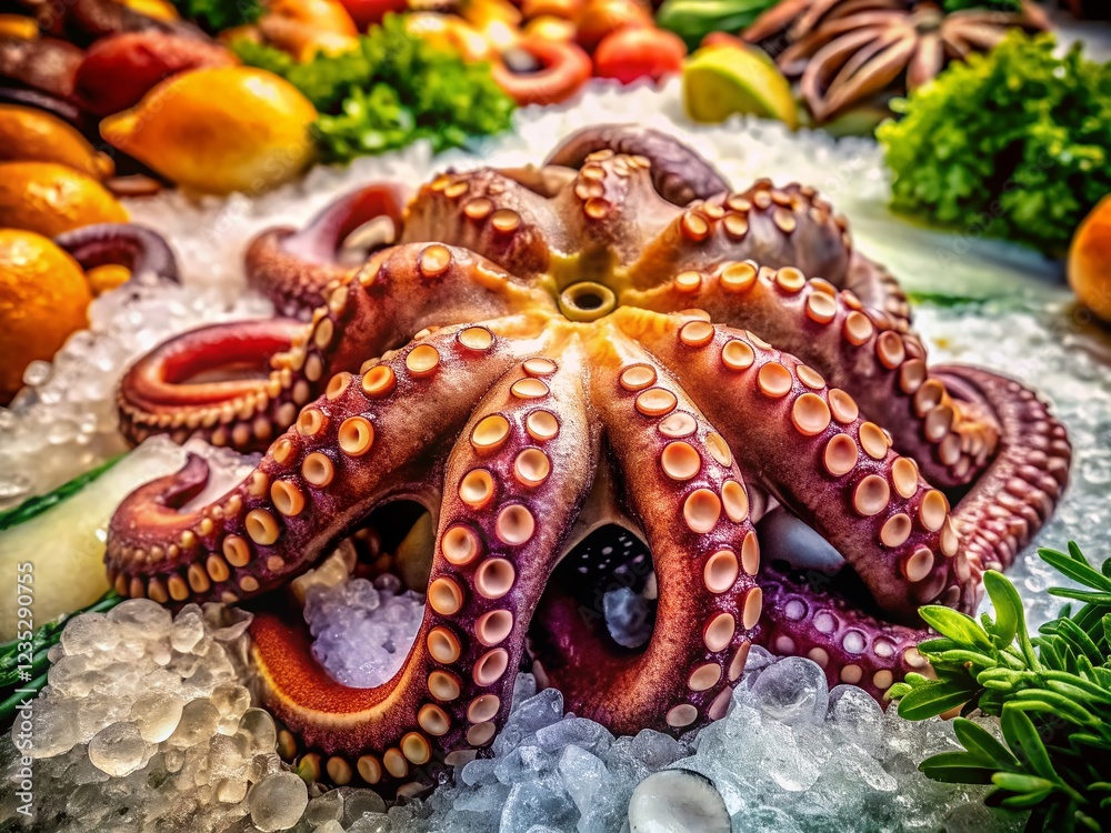 Fototapeta premium Fresh Octopus on Ice for Sale in Vintage Market