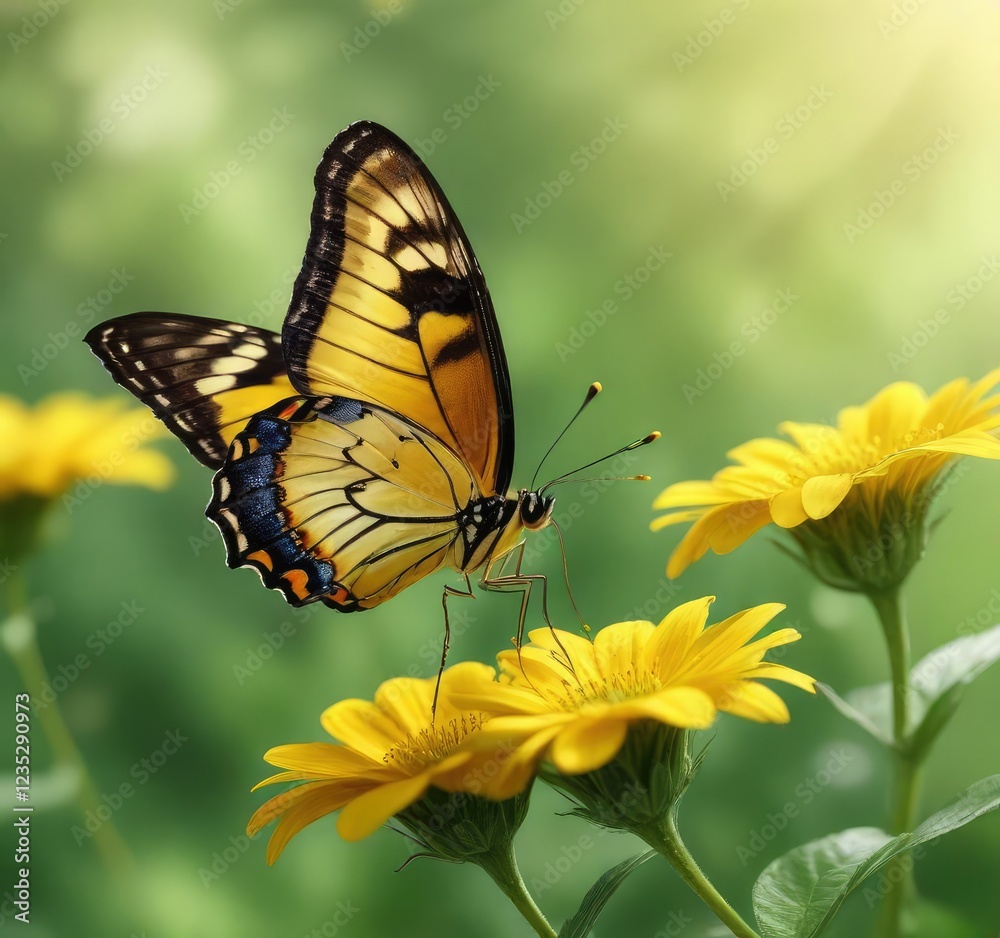 Delicate butterfly perched on a bright yellow flower against a soft focus green background, green, flower Delicate butterfly perched on a bright yellow flower against a soft focus green background, green, flower