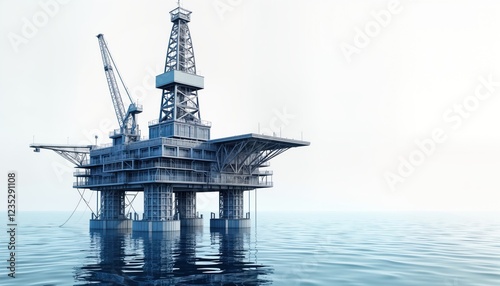 Offshore oil rig platform in ocean. Metal structure with visible support beams, details. Isolated on sea background. Modern energy production concept. Large industrial equipment. Offshore oil photo