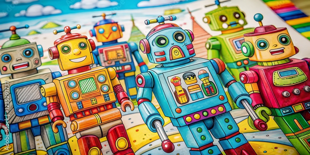Fototapeta premium Fun Robot Coloring Book Pages for Kids: Creative Activity Book Illustration