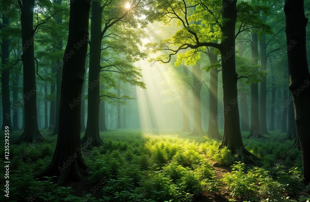 Obraz premium Sunlight beams through misty forest. Greenery fills landscape. Tall trees create mysterious atmosphere. Nature scene evokes peace, tranquility. Early morning light casts soft shadows. Tranquil,