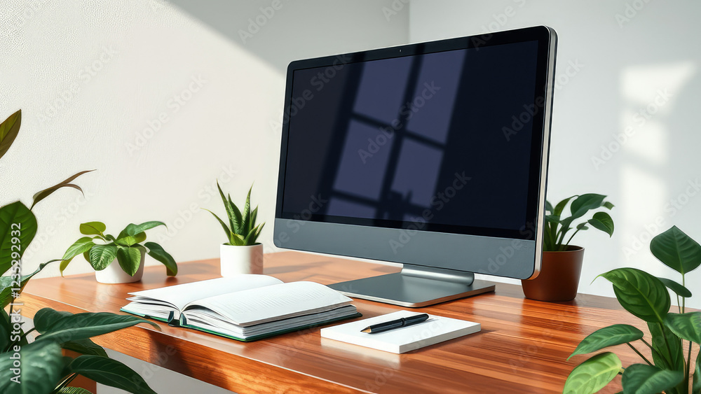 desktop computer and notebook on desk with plants, calming ambiance, computers, workspace inspiration, productivity tips desktop computer and notebook on desk with plants, calming ambiance, computers, workspace inspiration, productivity tips