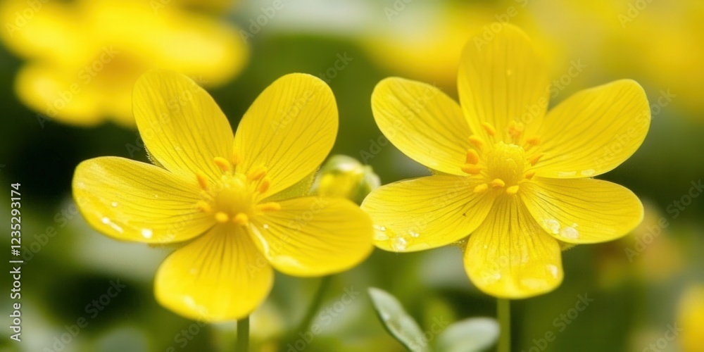 Fototapeta premium Two yellow wildflowers in bloom, garden background, nature beauty, spring.