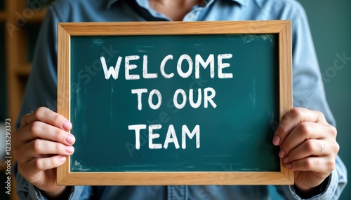 Person holds chalkboard. Chalkboard says Welcome to team. Recruitment concept. Welcoming new employee. Image for recruitment agency company. New hires onboarding. Company culture. Teamwork. Positive photo