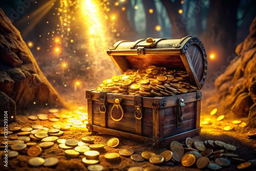 Glimmering Treasure Chest Overflows with Golden Coins in an Enchanting Cave photo