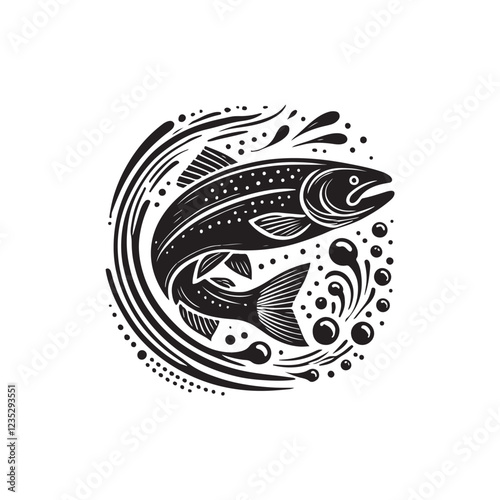 Black Color Salmon silhouette design Vector Illustration, Solid White Background (8).eps