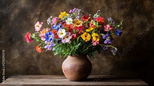 Vibrant Colorful Flowers in Rustic Earthenware Vase