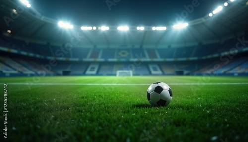 Close-up view of soccer field in stadium at night. Rich green grass covers pitch. Soccer ball sits on field. Bright stadium lights illuminate field. Expertly manicured turf, lines mark playing area.