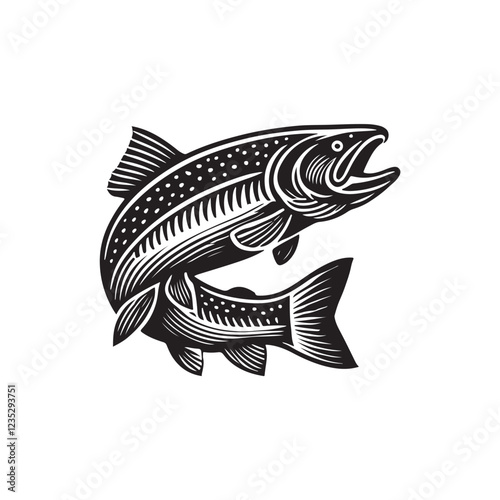 Black Color Salmon silhouette design Vector Illustration, Solid White Background (11).eps
