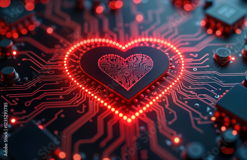 Close-up view heart-shaped electronic circuit on motherboard. Red glowing lights surround circuit. Tech design represents love, digital innovation. Futuristic illustration of tech, emotion. Heart photo