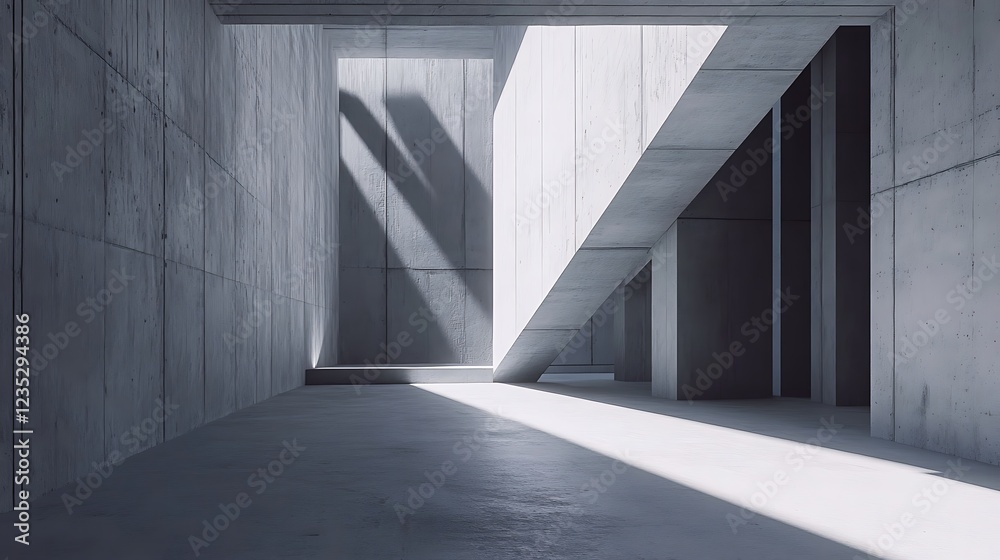 Fototapeta premium A minimalist architectural interior with concrete walls and angular light patterns.