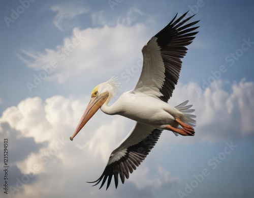 Dramatic photo of white pelican flying with wide open beak, making noise, in sync with nature, billowing wings, unspoiled nature, wild sound photo