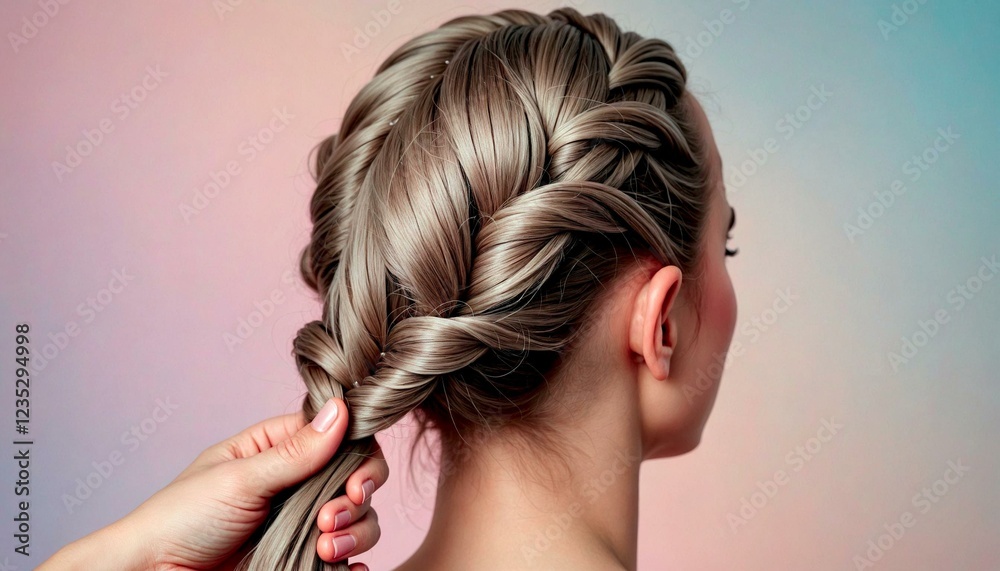 Naklejka premium Stylist Braiding Long Wavy Hair From Behind