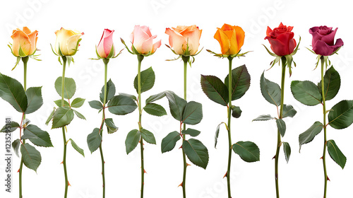 Fototapeta Naklejka Na Ścianę i Meble -  A set of blooming roses in various colors, isolated on a white background.