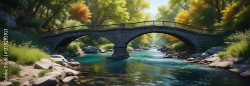 Elegant arched bridge spanning a narrow stream with clear blue water, peaceful scene, natural scenery photo