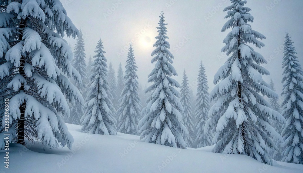 Naklejka premium Snowy Landscape with Sunlit Pine Trees