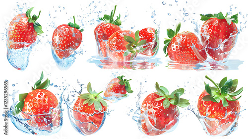 Set of ripe red strawberries splashing with small green leaves, isolated on a white background