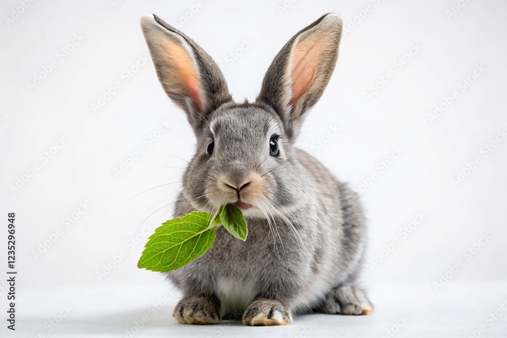Fototapeta premium Gray Bunny Munching on Mint Leaf Isolated on White