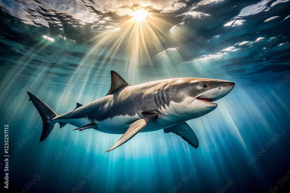 Fototapeta premium Great White Shark Underwater, Ocean Surface, Wildlife Photography