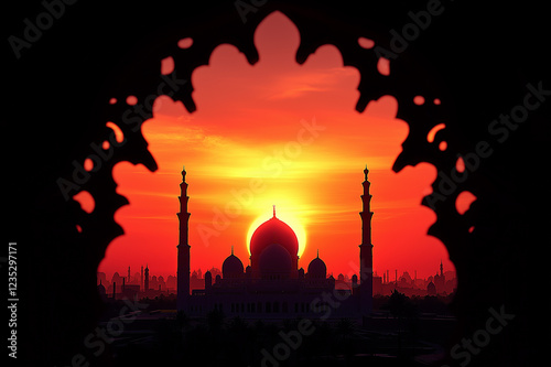 Silhouette of grand mosque at sunset framed by traditional Islamic arch, glowing orange sky and minarets symbolizing spirituality and Ramadan prayers. photo