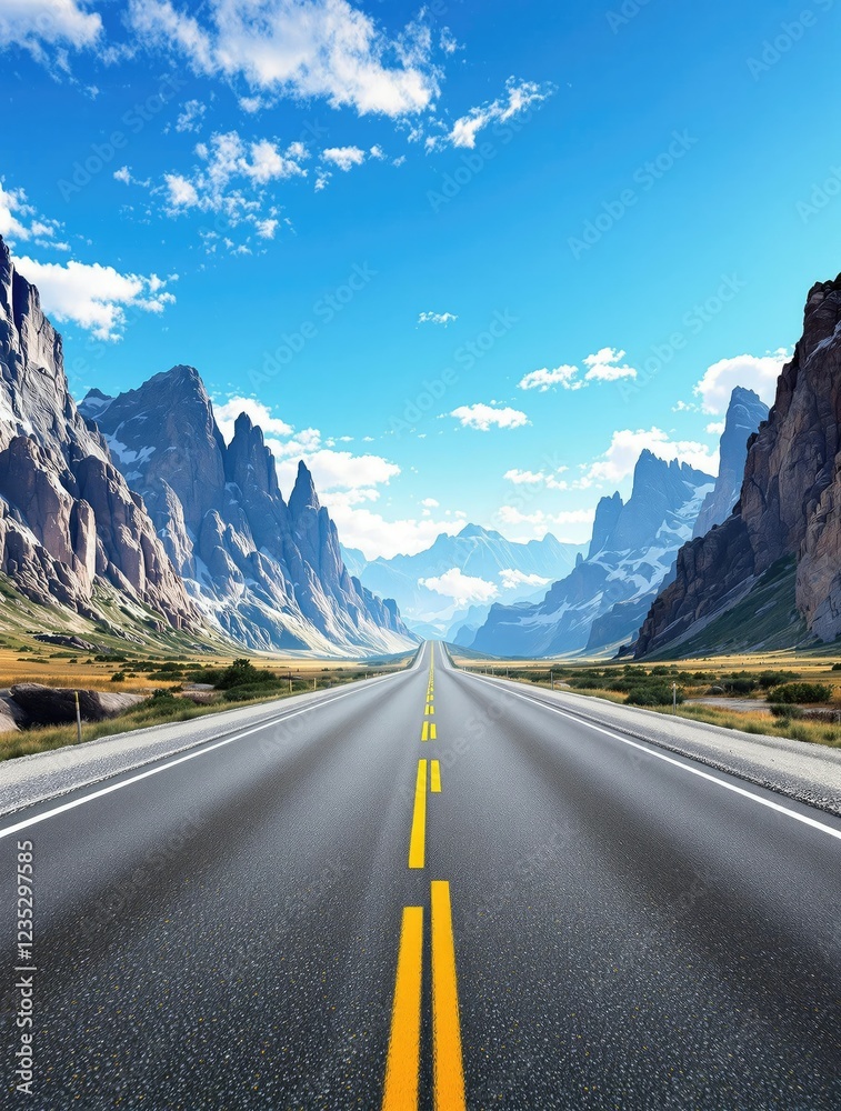 Naklejka premium Empty highway asphalt road running parallel to majestic mountain peaks that rise high into the sky on a clear day, mountains, road, asphalt, highway, sky