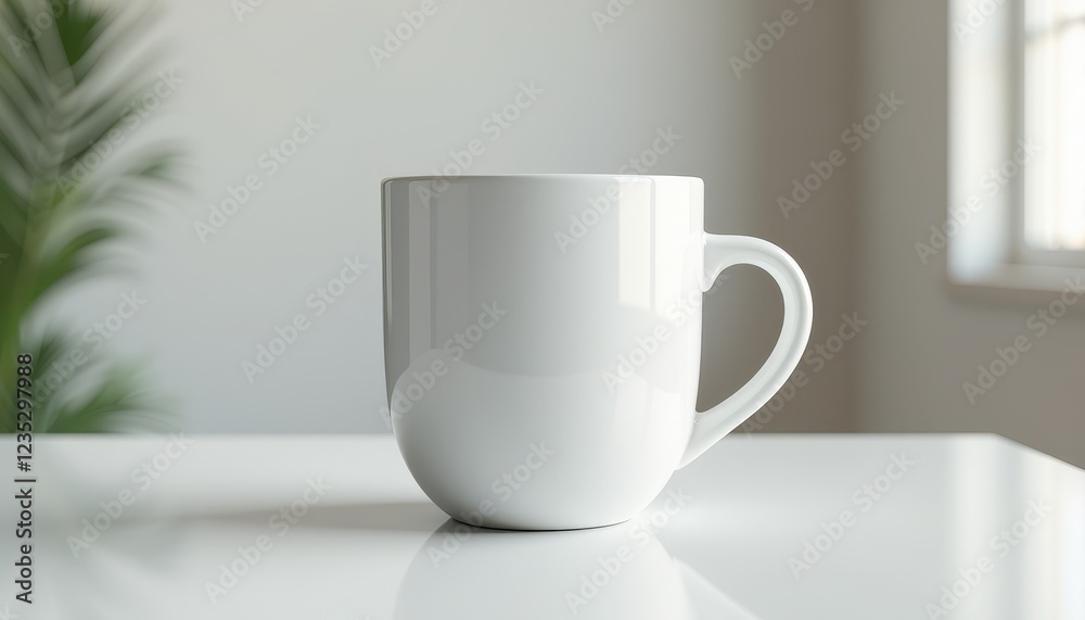 Obraz premium Glossy White Mug Mockup on Smooth Table Background with Blurred Elements