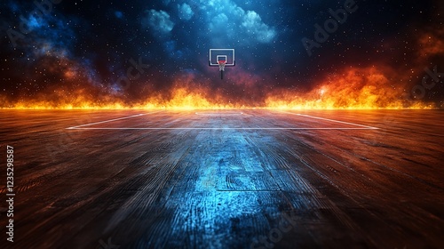 Fiery Basketball Court Under Night Sky